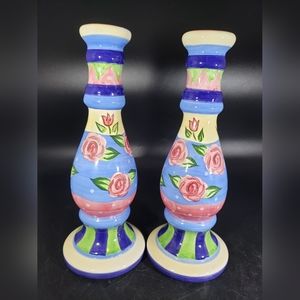 Pair of Bella Casa Multicolor Ceramic Candlestick Candle holders